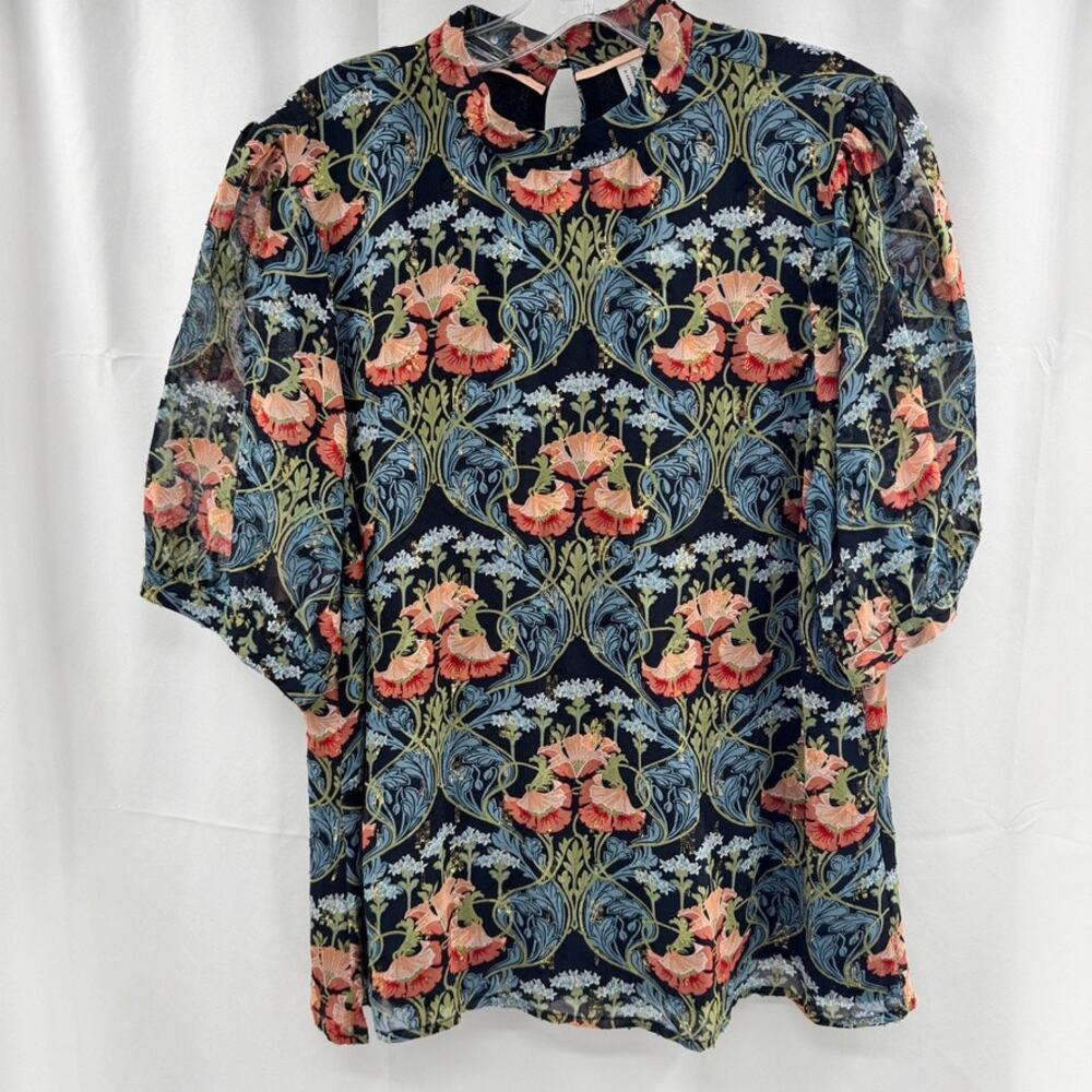 Meadow Rue Anthropologie Basilique Floral Blouse Top Metallic Shimmer Whimsical